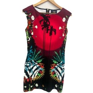 Roberto Cavalli Red and Black Palm Print Tropical Floral Mini Sheath Dress Sz 2